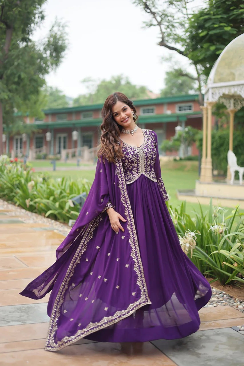purple alia cut gown with dupatta walking full view