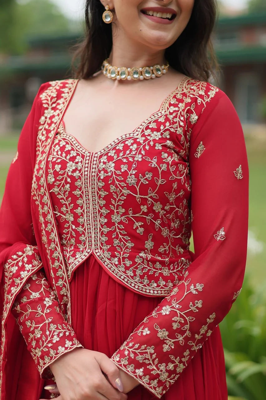 red alia cut gown zari sequin bodice embroidery closeup
