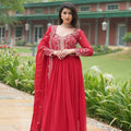 red alia cut gown front view with embroidered bodice