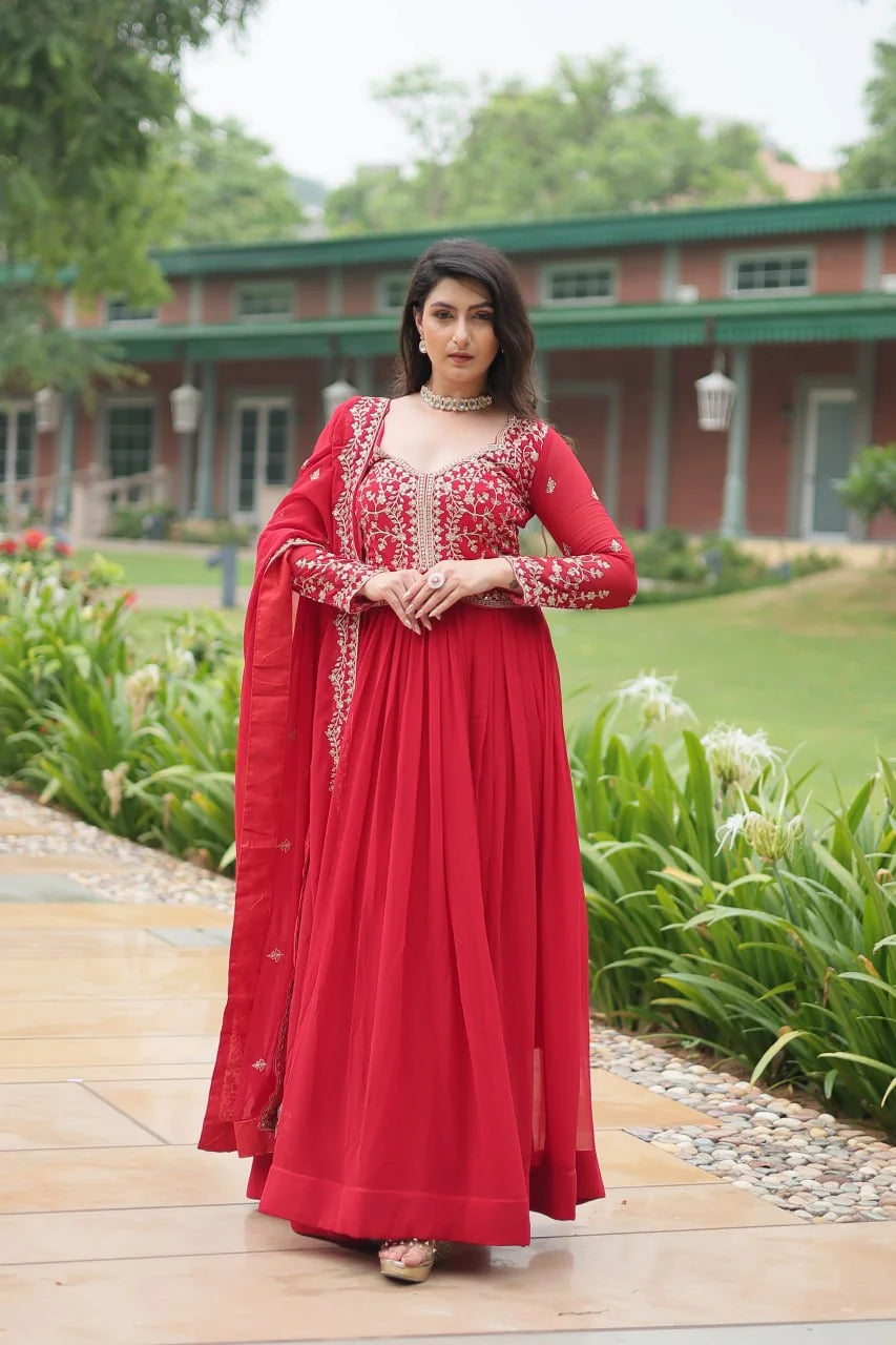 red alia cut gown front view with embroidered bodice