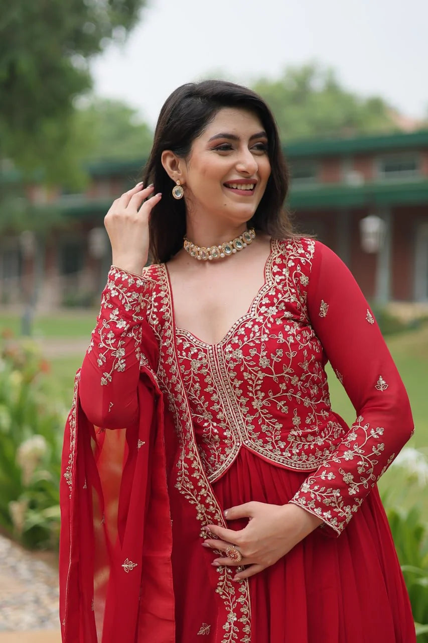 red alia cut dress portrait with gold zari bodice