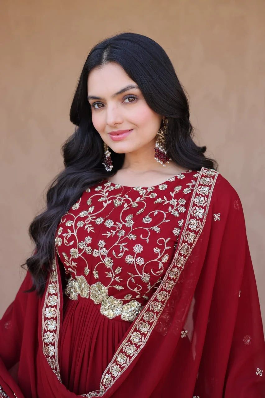 maroon anarkali gown with dupatta back view embroidery