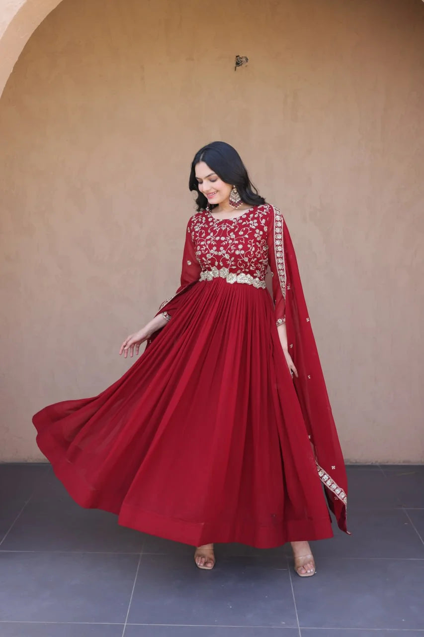maroon anarkali gown with dupatta full front view