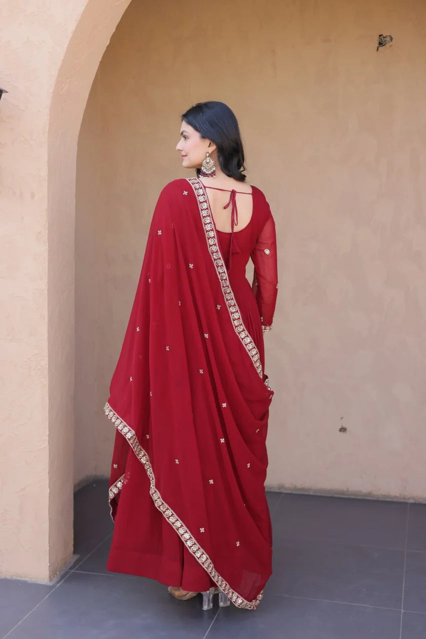 maroon anarkali gown with embroidered dupatta full length