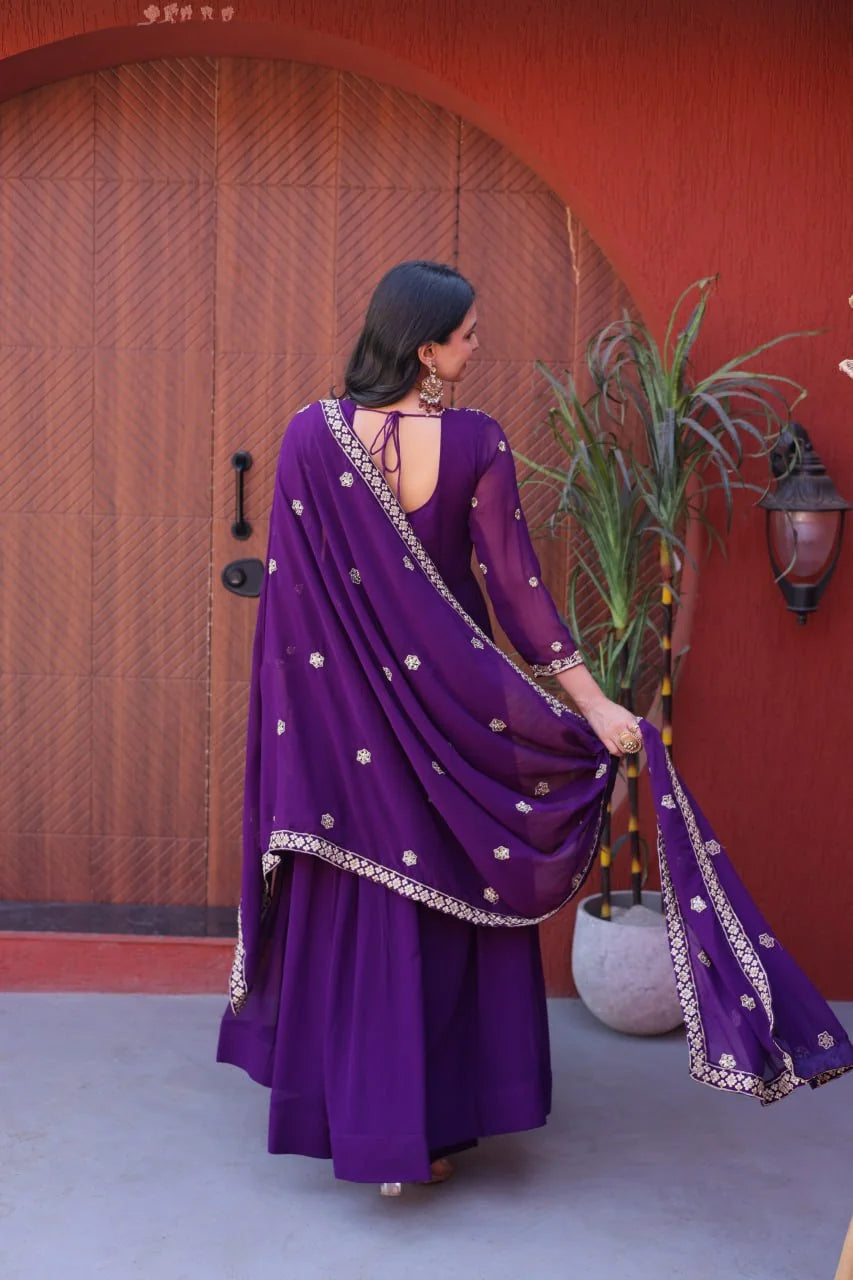 purple anarkali gown with dupatta back drape view