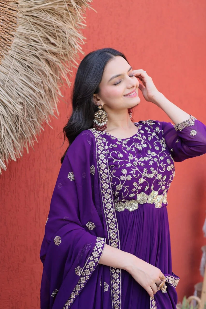 purple anarkali gown bodice embroidery side closeup
