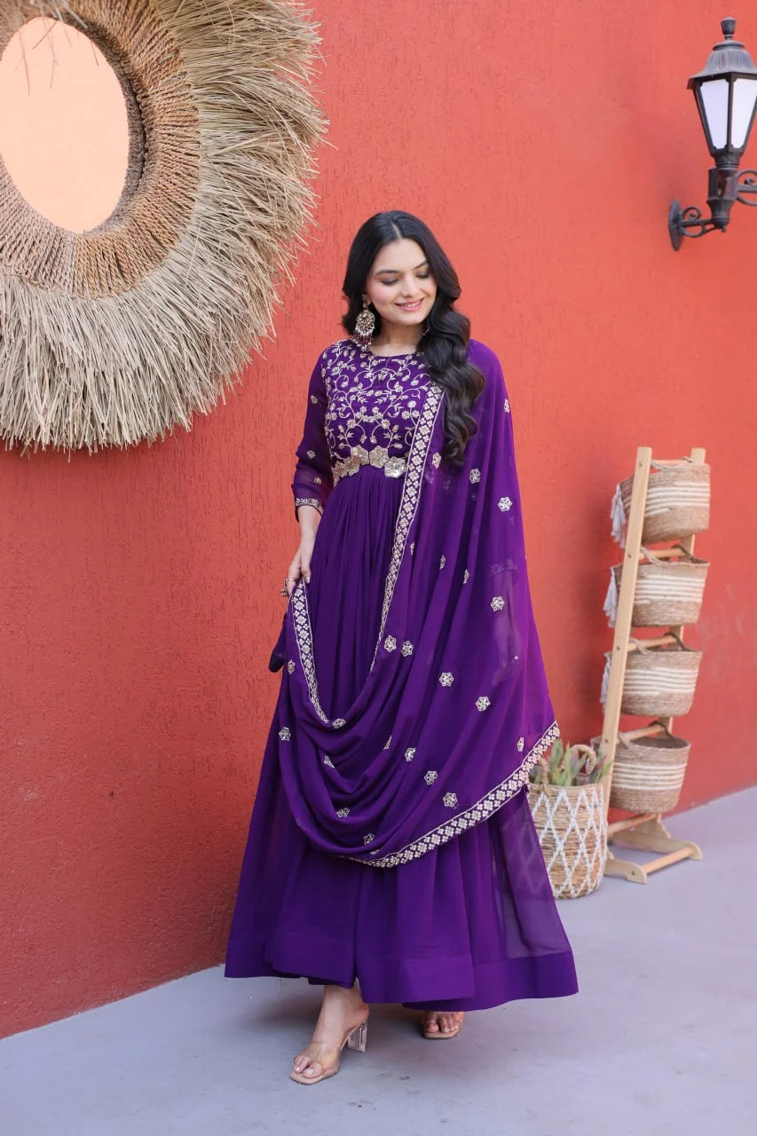 purple anarkali gown with dupatta draped front view