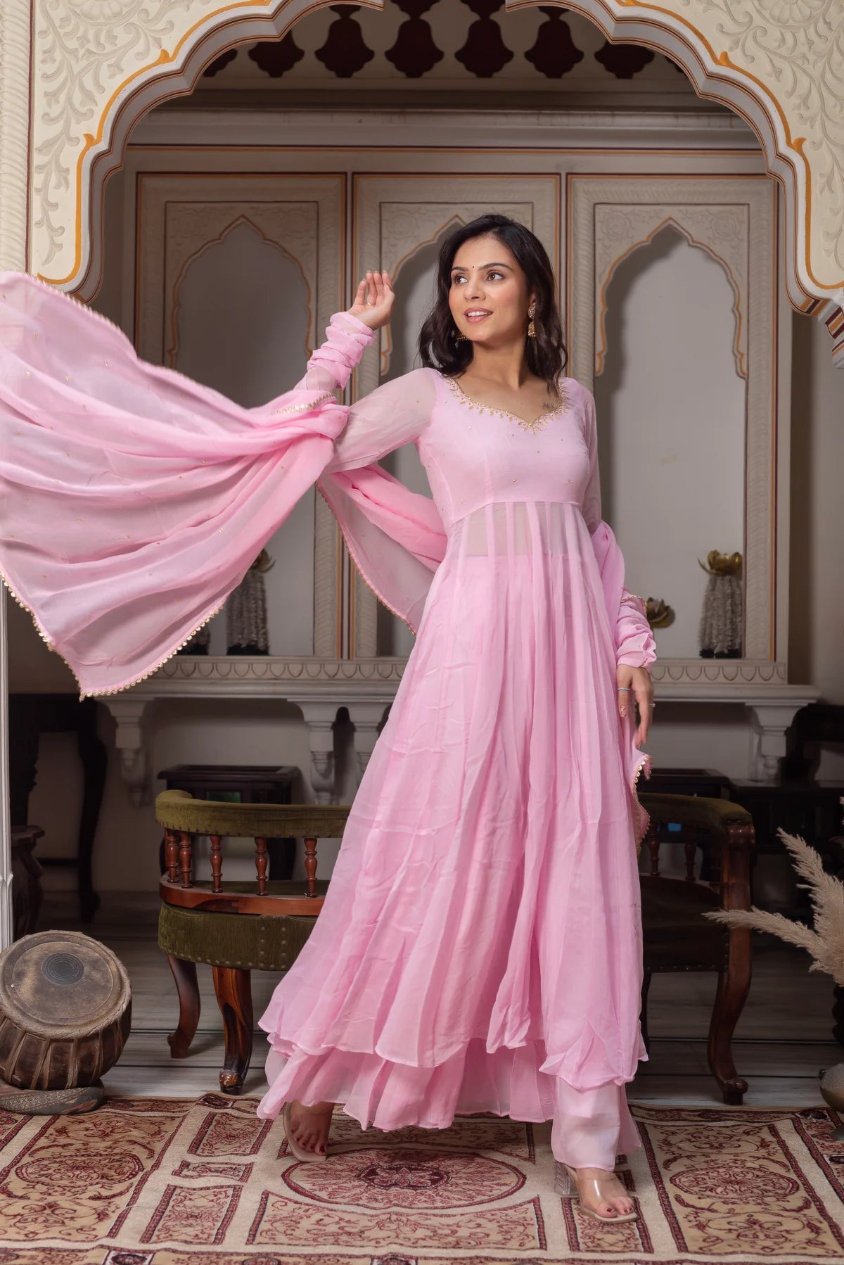 baby pink anarkali with dupatta flying festive look