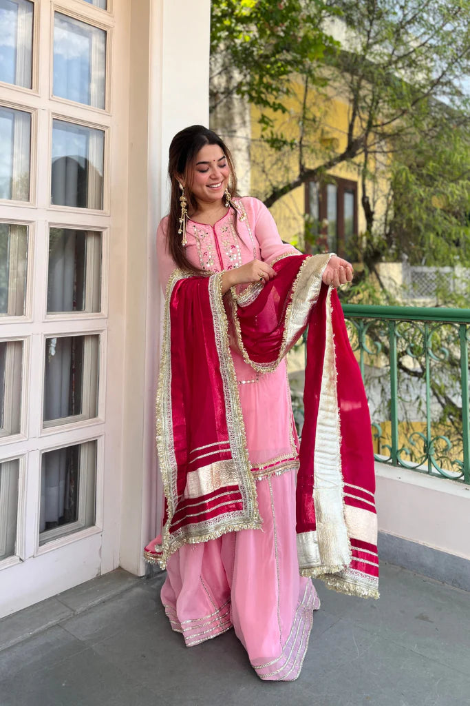 Maroon faux georgette dupatta with gota pati lace border from baby pink organza sharara set