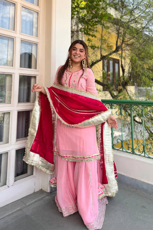 Baby Pink Organza Silk Sharara Set with Sequin & Zari Embroidery | Chicorawear