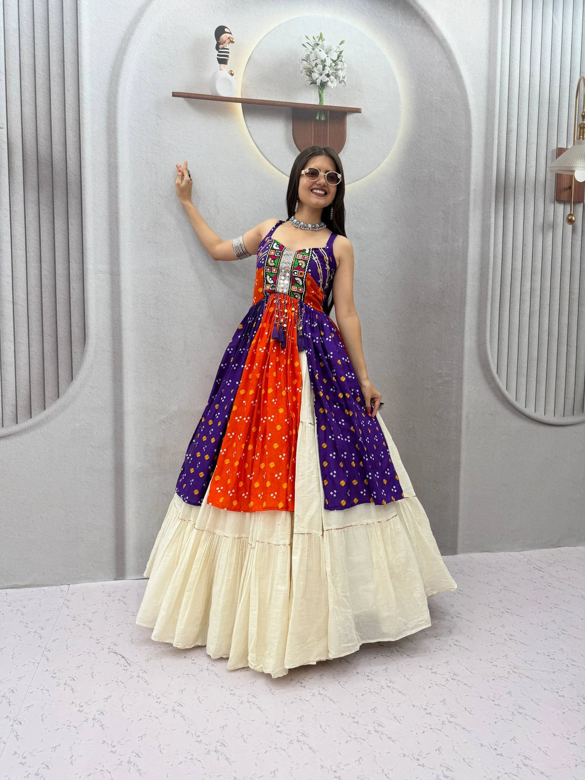 purple orange bandhej navratri chaniya choli with gamthi mirror choli