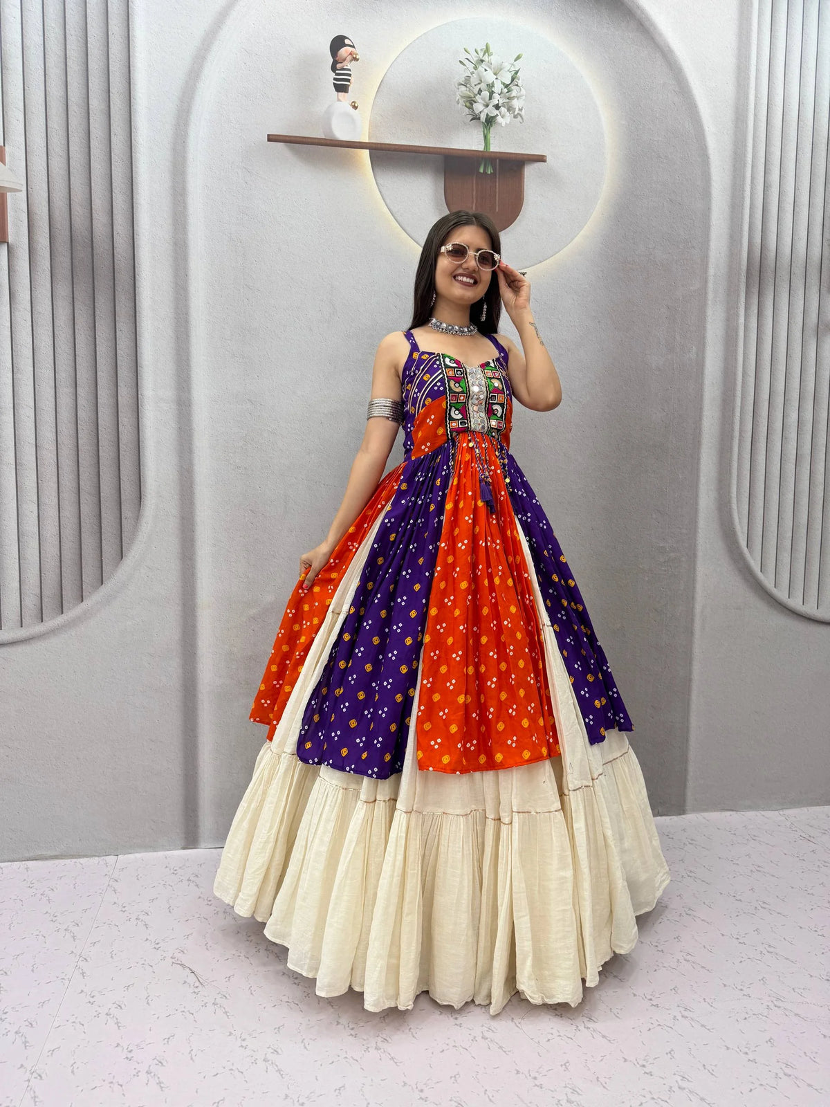 purple orange bandhej navratri chaniya choli twirl pose with 9 meter flair
