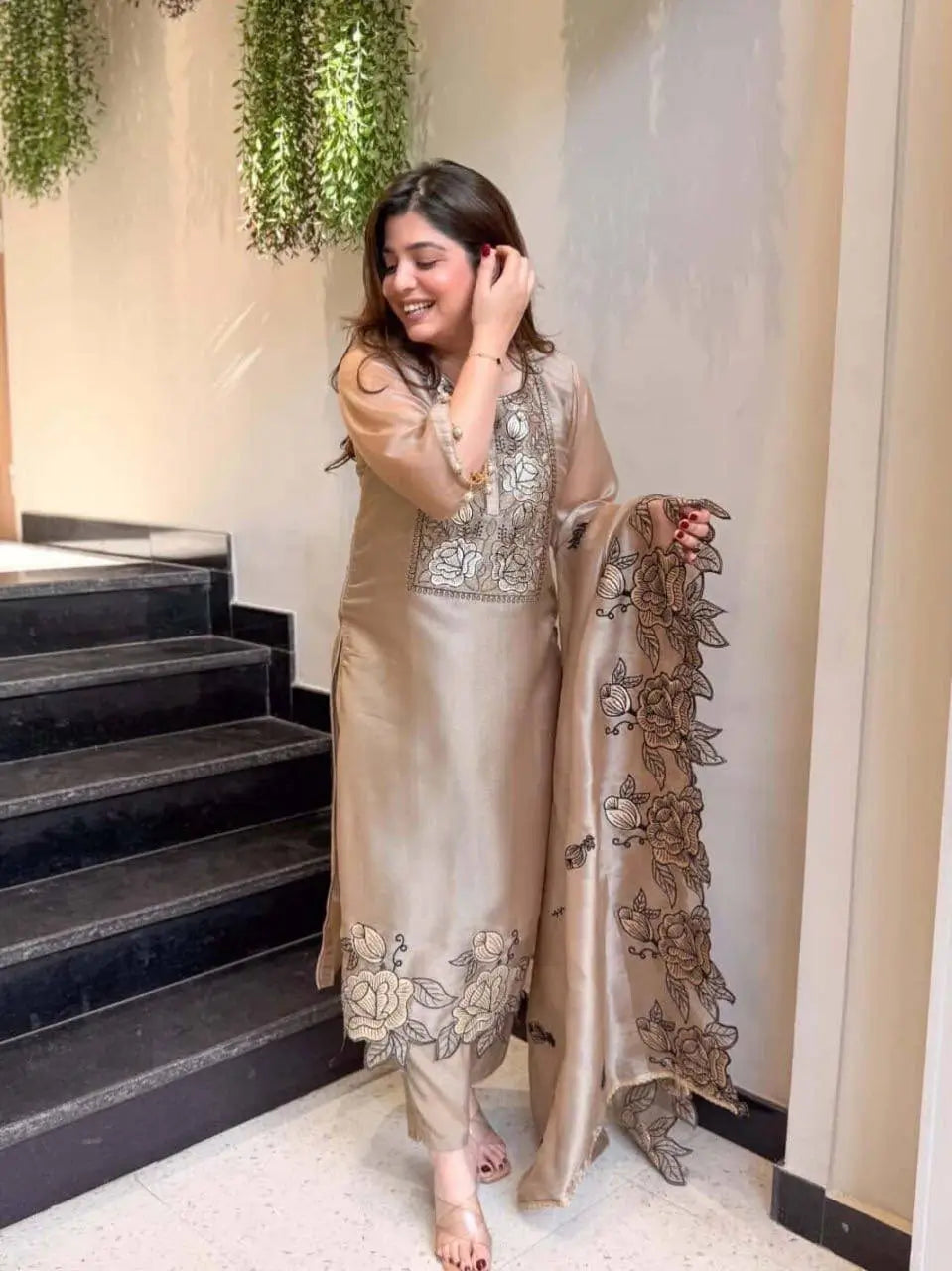 Beige champagne JMC silk floral thread embroidery kurta pant set with dupatta details – model view