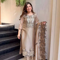 Beige champagne JMC silk floral thread embroidery kurta pant set with dupatta – model view