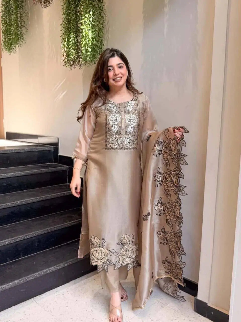 Beige champagne JMC silk floral thread embroidery kurta pant set with dupatta – model view