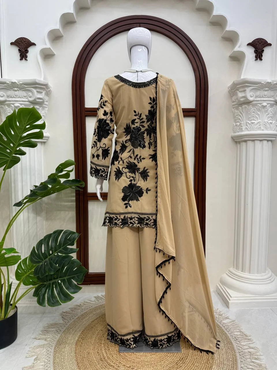 beige georgette palazzo set back view with dupatta draped Chicorawear
