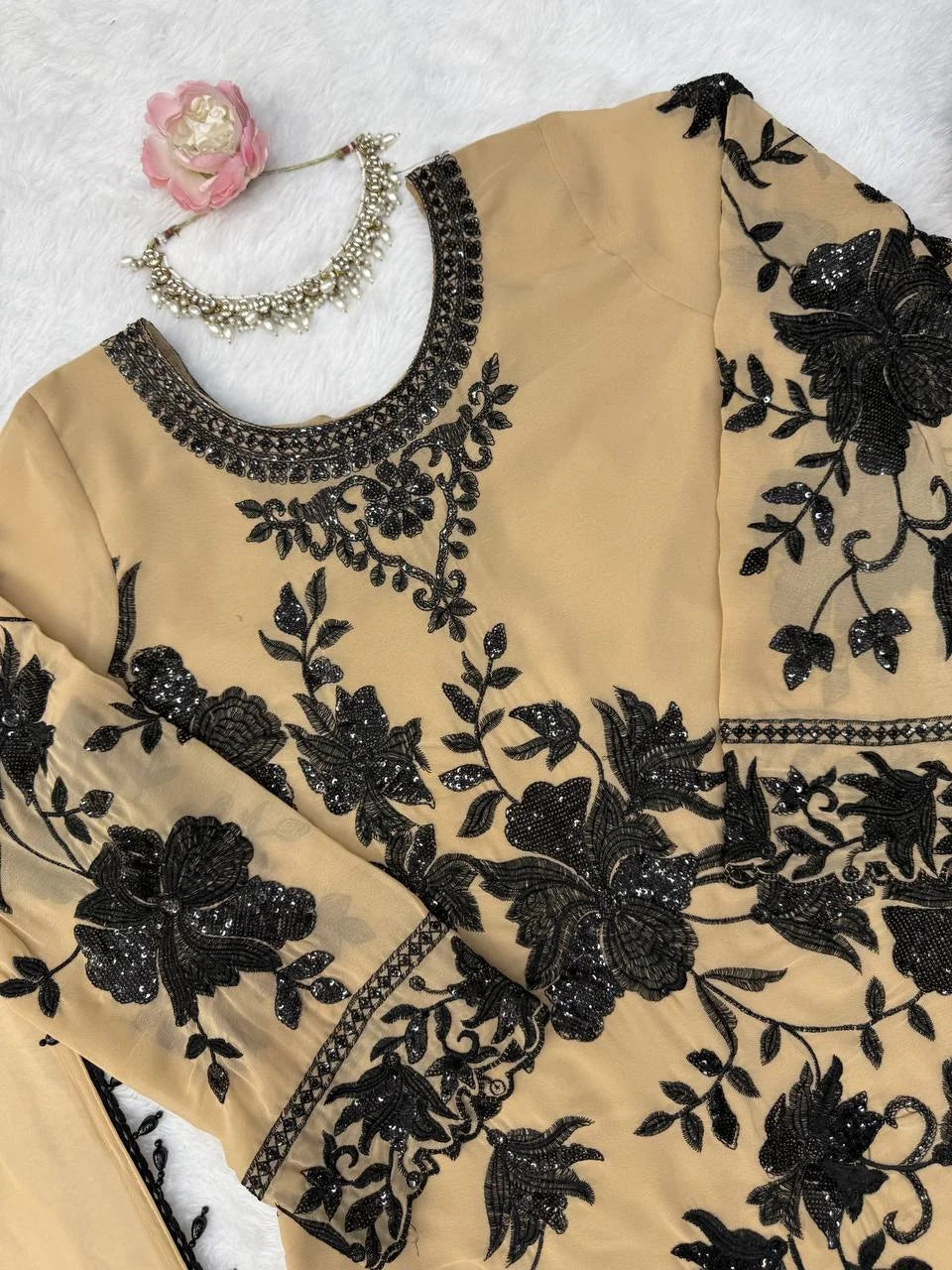 beige georgette 3-piece set black floral sequin embroidery closeup detail