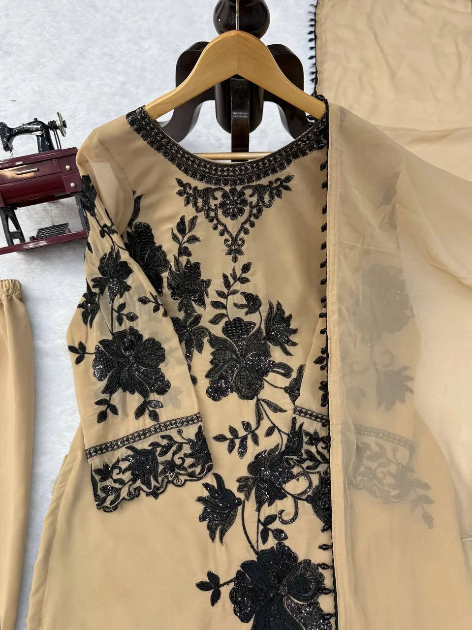 champagne beige georgette palazzo set hanger front embroidery and dupatta