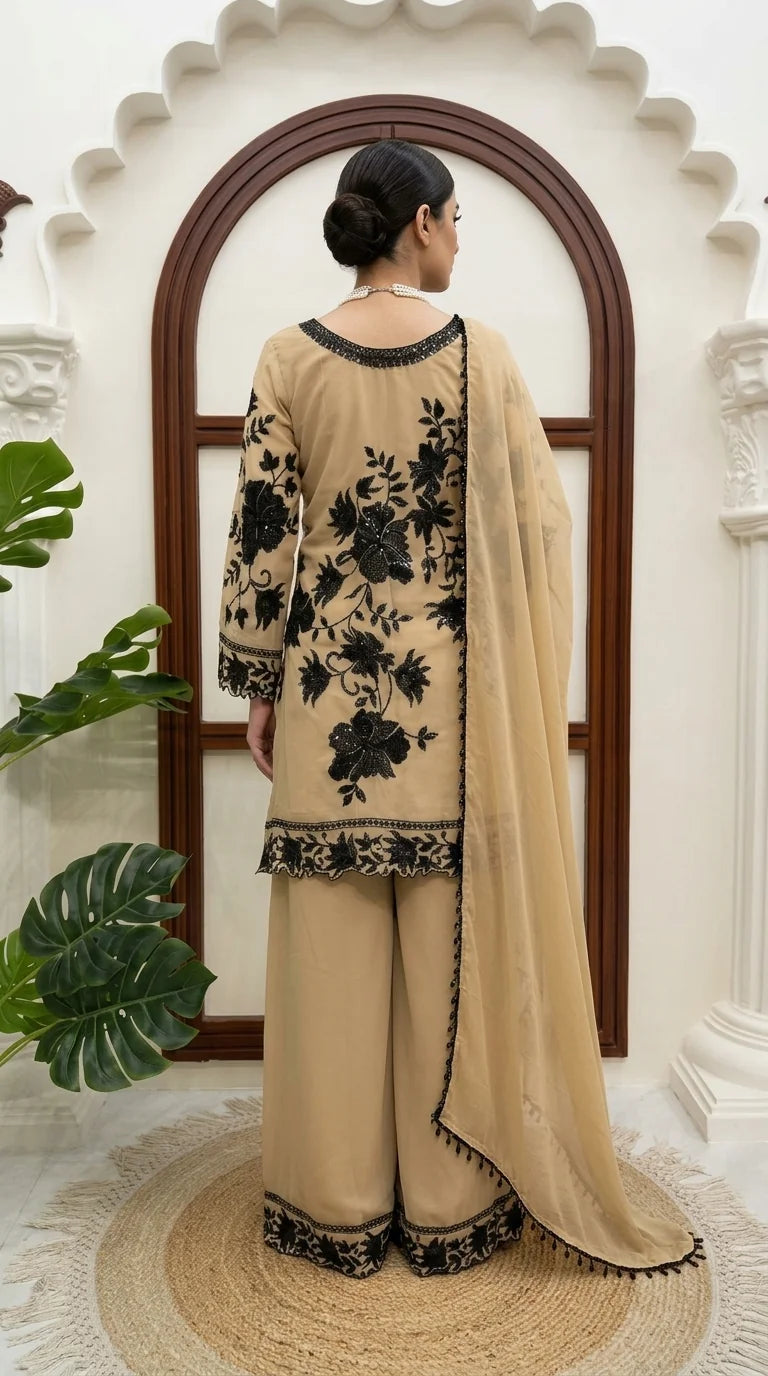 beige georgette palazzo set model back view black floral thread embroidery Chicorawear