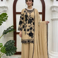 beige georgette palazzo set model front view dupatta draped festive Chicorawear