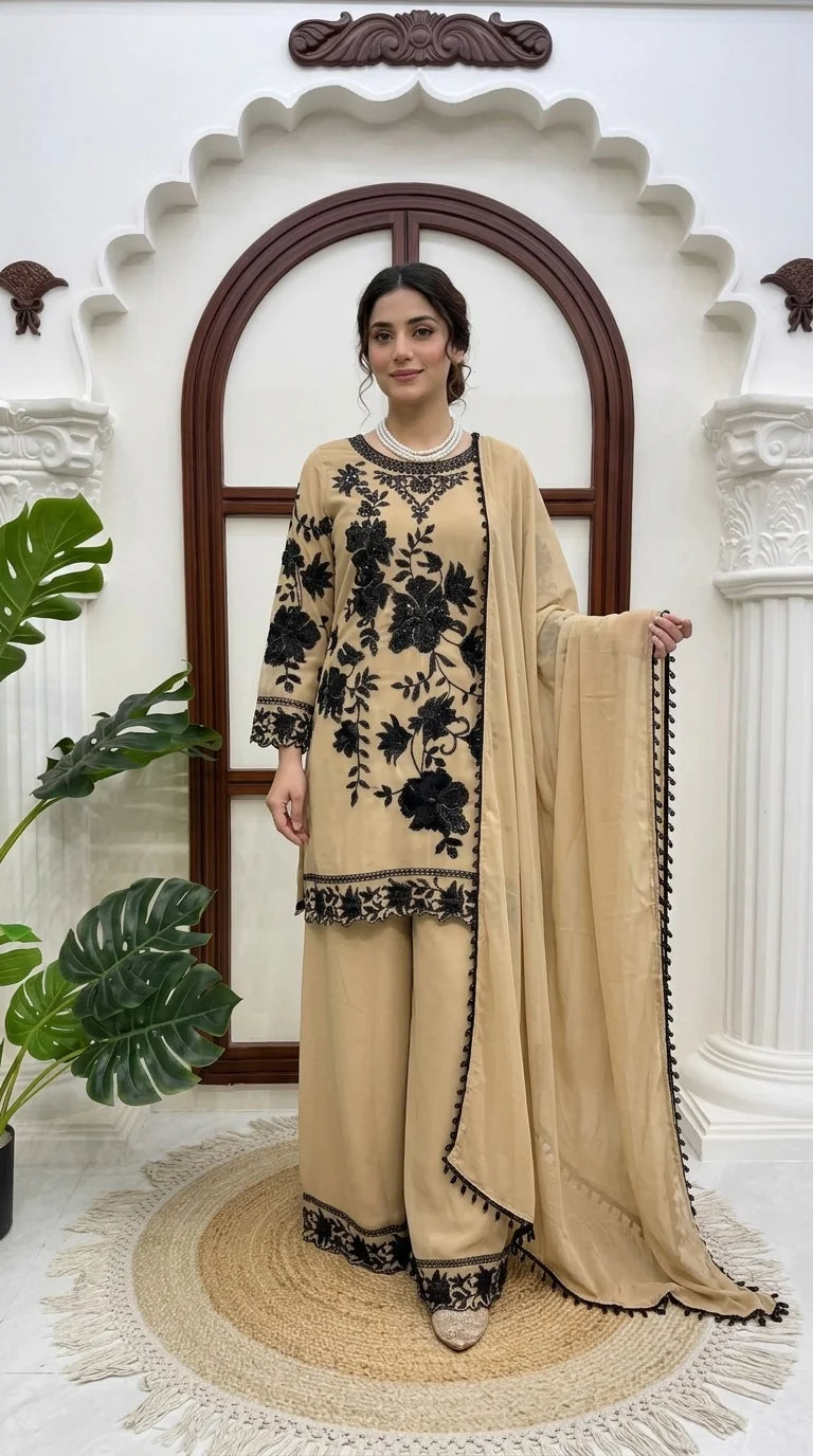 beige georgette palazzo set model front view dupatta draped festive Chicorawear