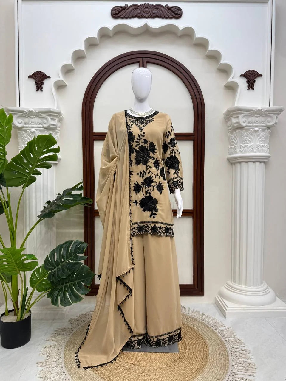 beige georgette palazzo set full side view with dupatta draped festive Chicorawear
