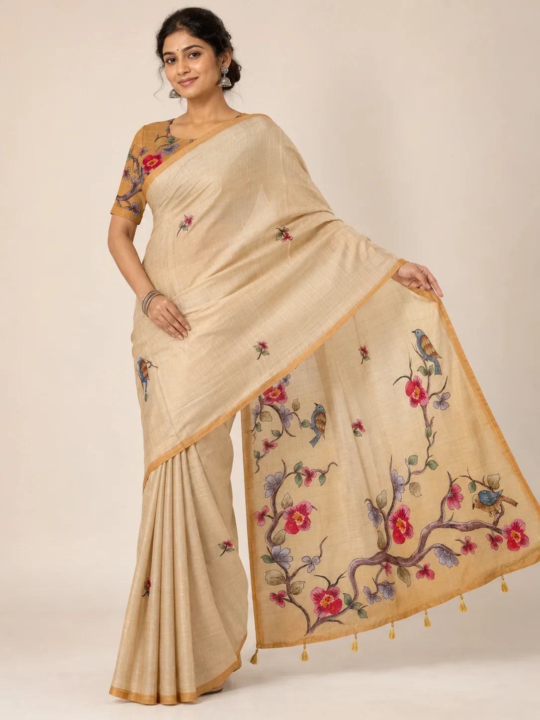 beige linen saree front drape with gold border and floral pallu
