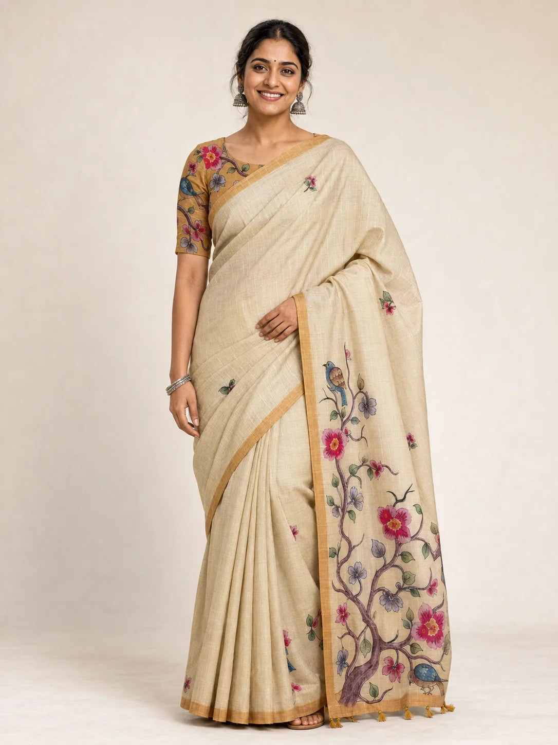 beige linen saree with silver check weave and hand-painted bird floral pallu