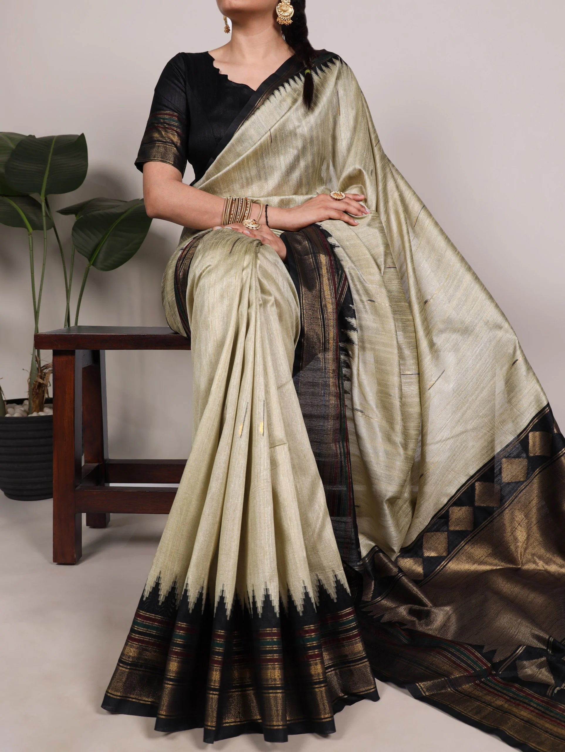 bhagalpuri silk saree zari border cream ivory full view