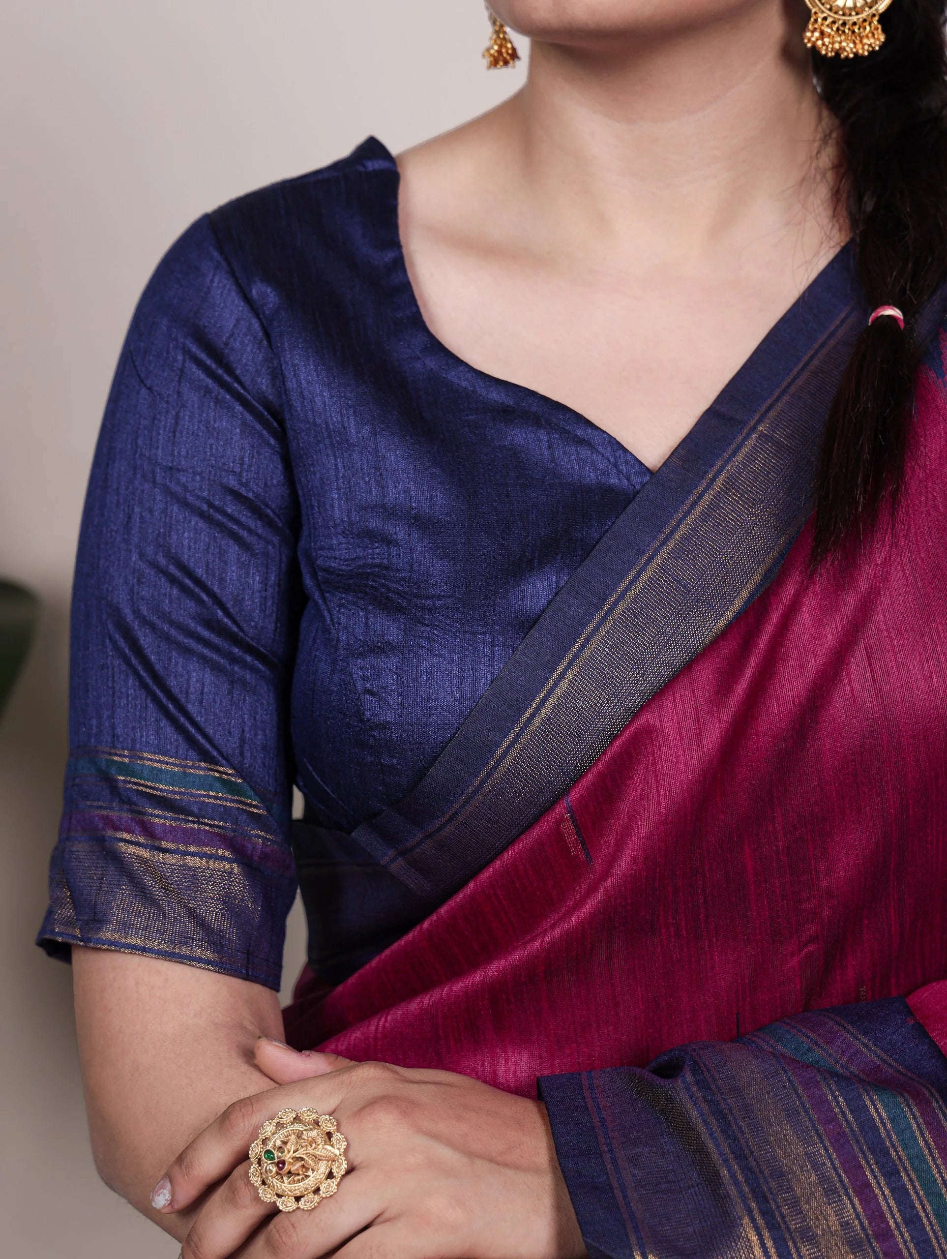 magenta bhagalpuri silk saree navy border blouse close up