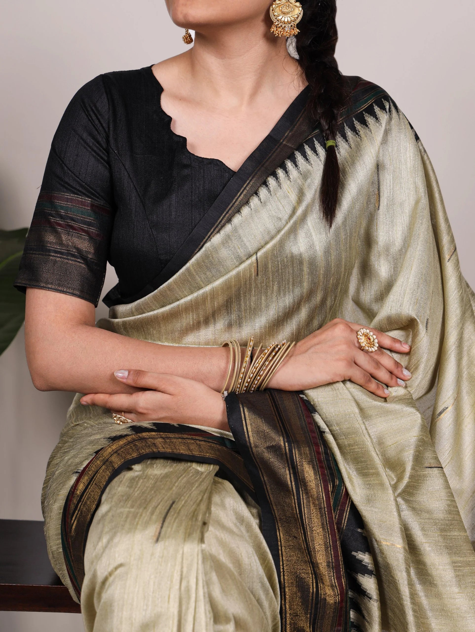 olive green bhagalpuri silk saree magenta border pallu detail