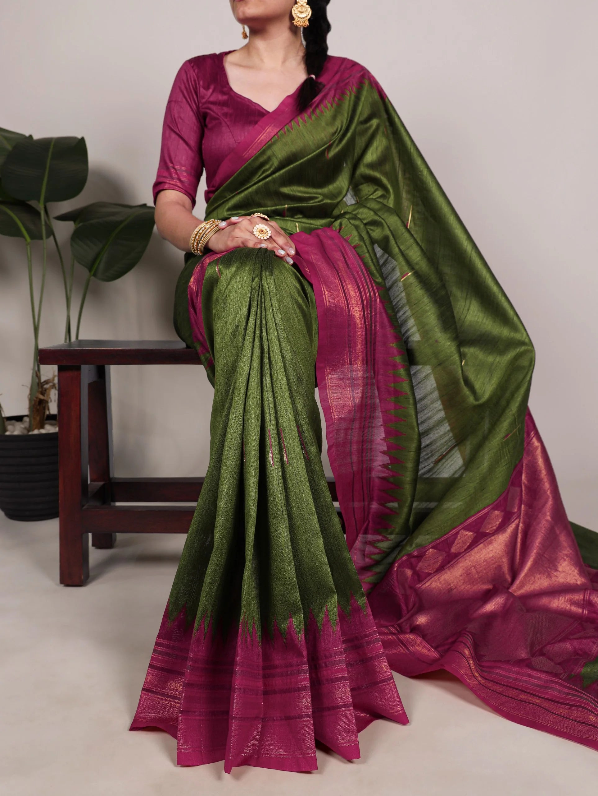 bhagalpuri silk saree zari border red full body view
