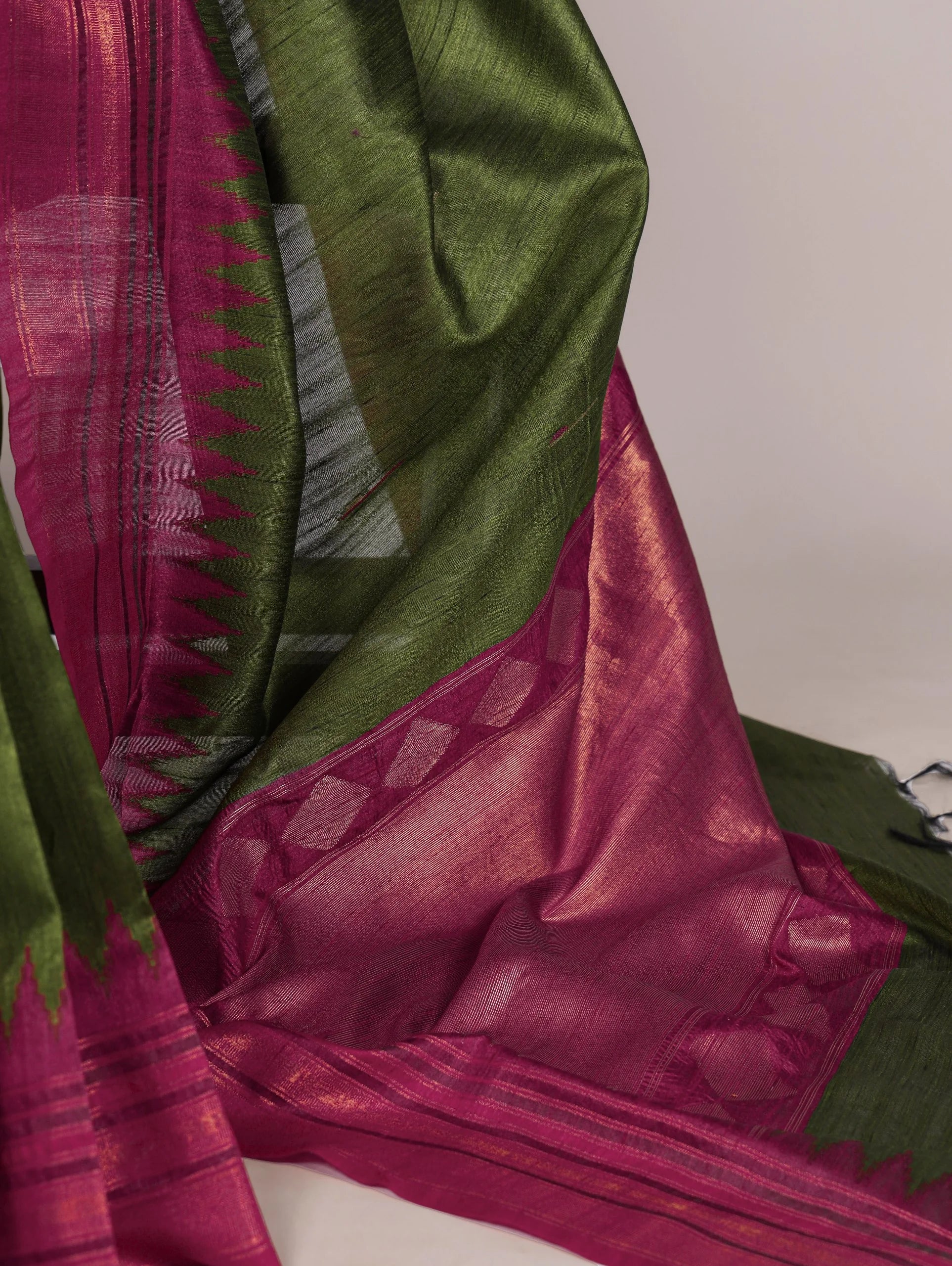 red bhagalpuri silk saree black border model seated view