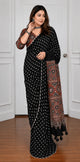 black ajrakh saree with mirror work and rust brown printed pallu full drape