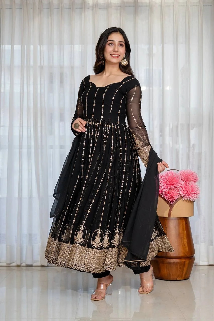 Black anarkali suit full length view with gota patti dupatta and micro pant