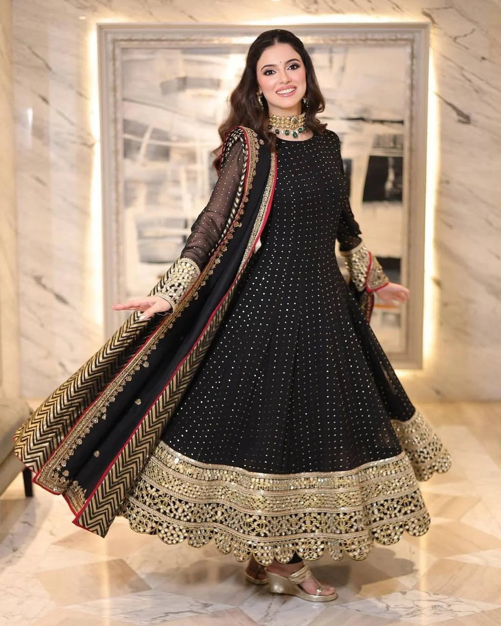 Black faux blooming anarkali border detail gold geometric zari sequin hem