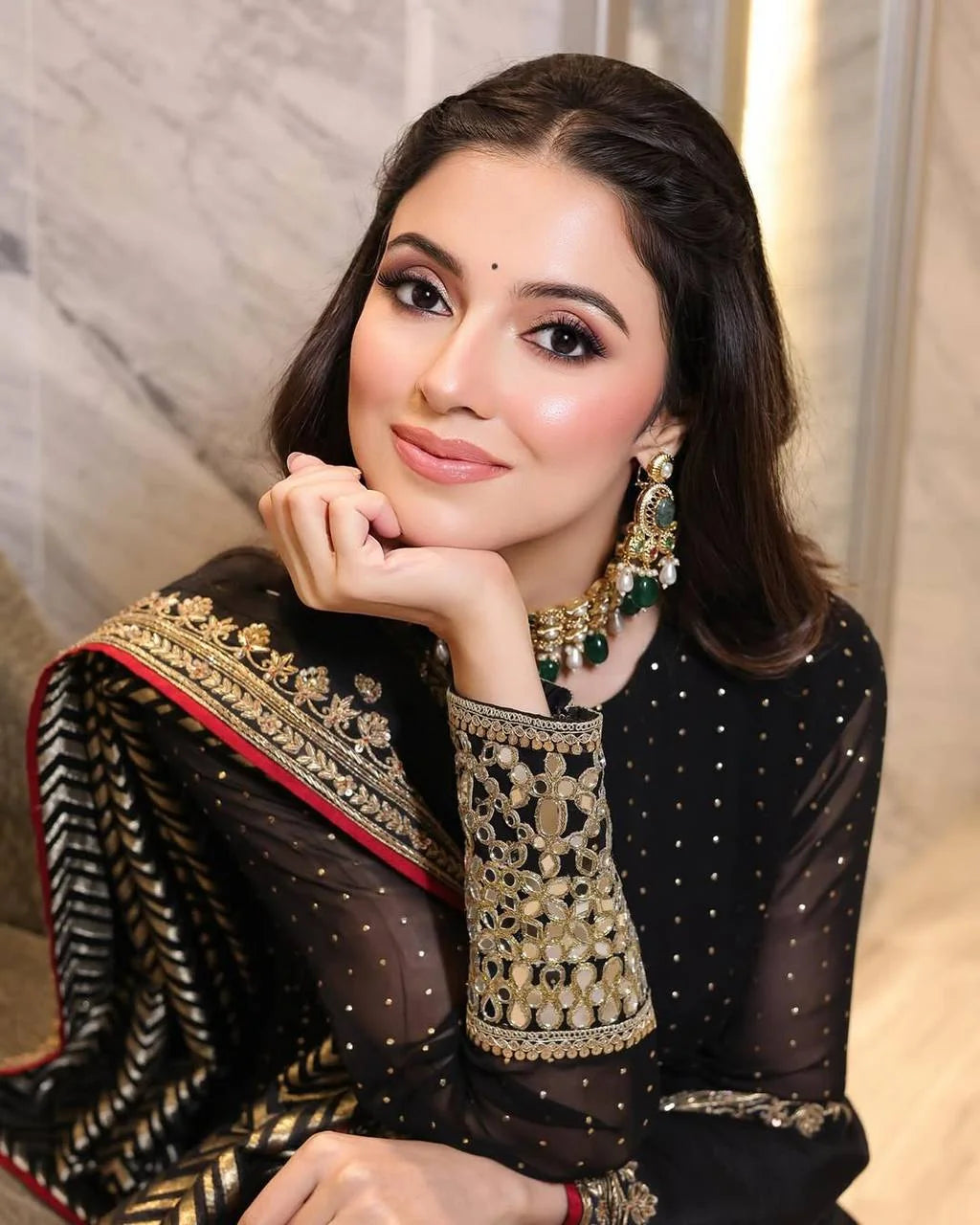 Black faux blooming anarkali set close up zari sequin cuff embroidery Chicorawear
