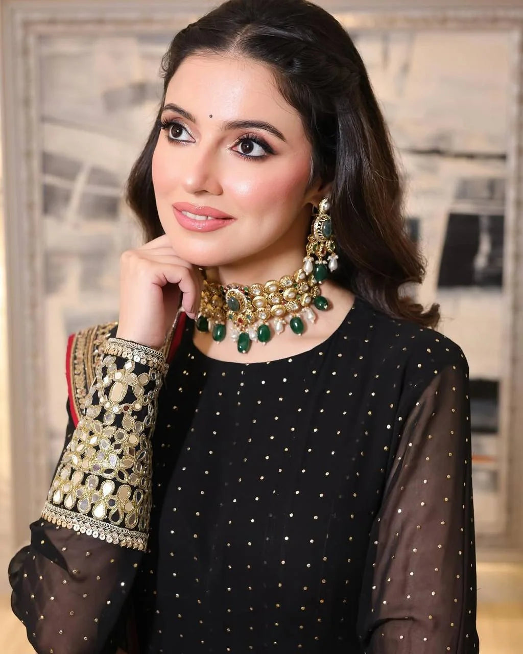 Black anarkali set cuff detail heavy zari sequin embroidery close up
