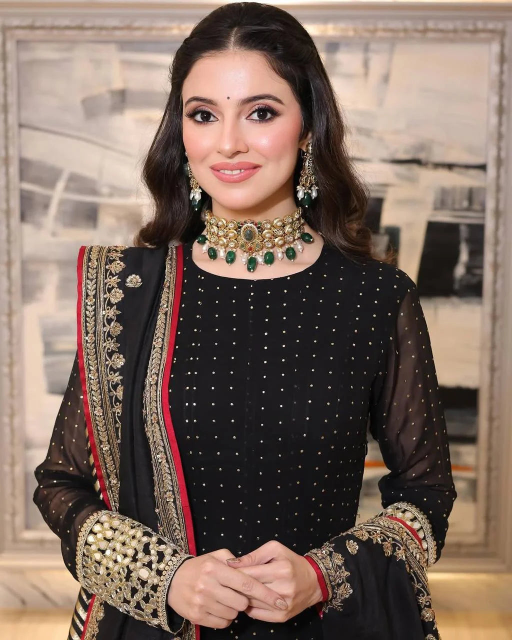Black faux blooming anarkali set front view gold sequin scattered Chicorawear