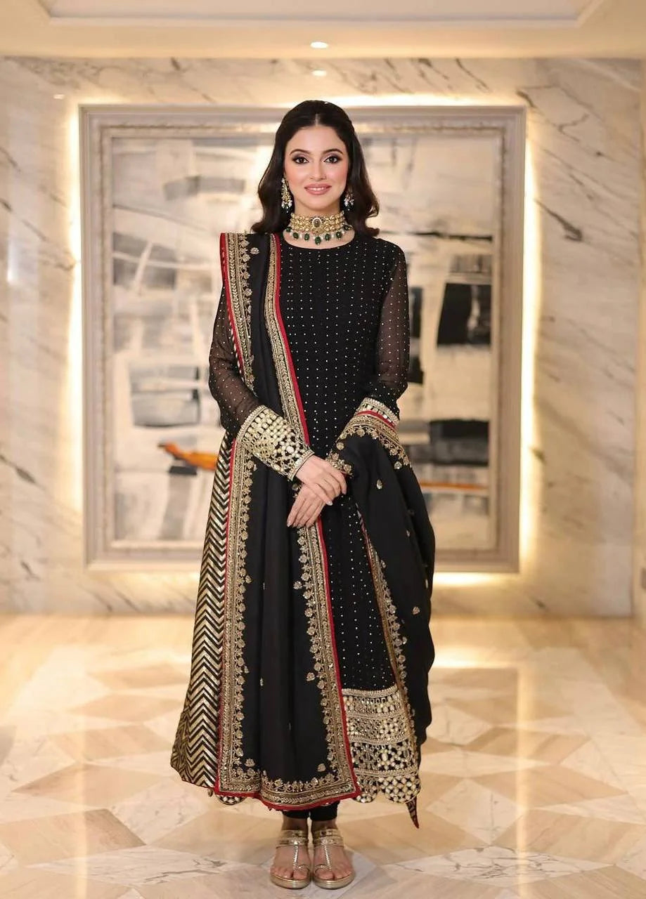 Black faux blooming anarkali set full length embroidered hem border Chicorawear