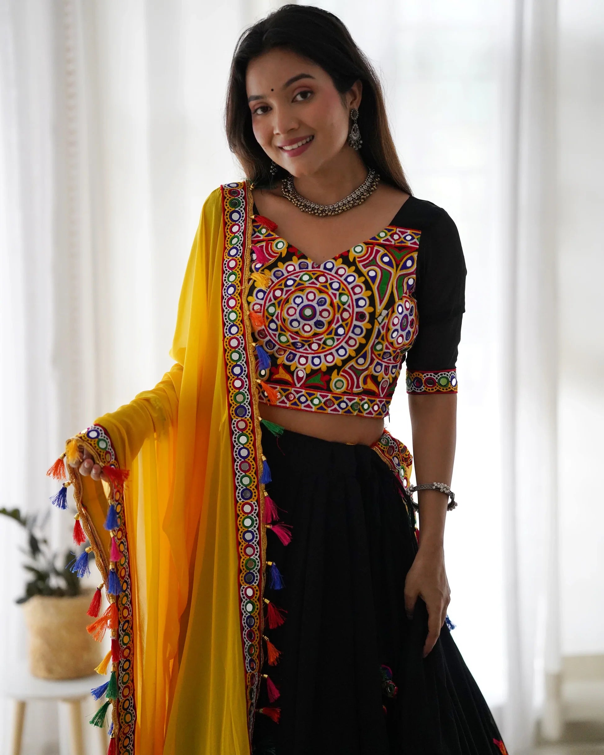 Black Navratri chaniya choli blouse with dense gamthi embroidery and mirror work – Kayara Label