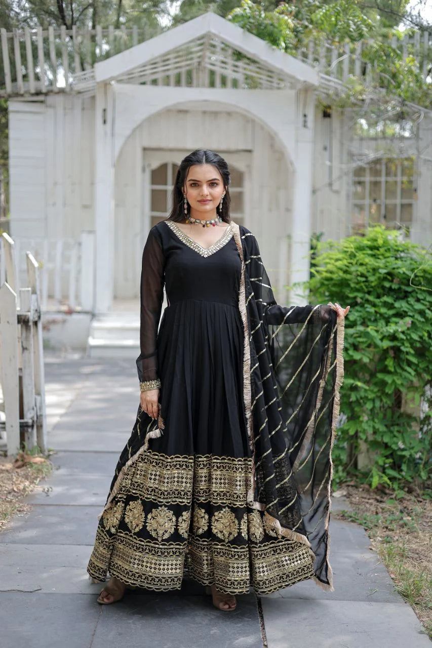black gown with dupatta side view embroidered border