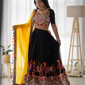 Black navratri chaniya choli gamthi work full view with yellow dupatta – Kayara Label