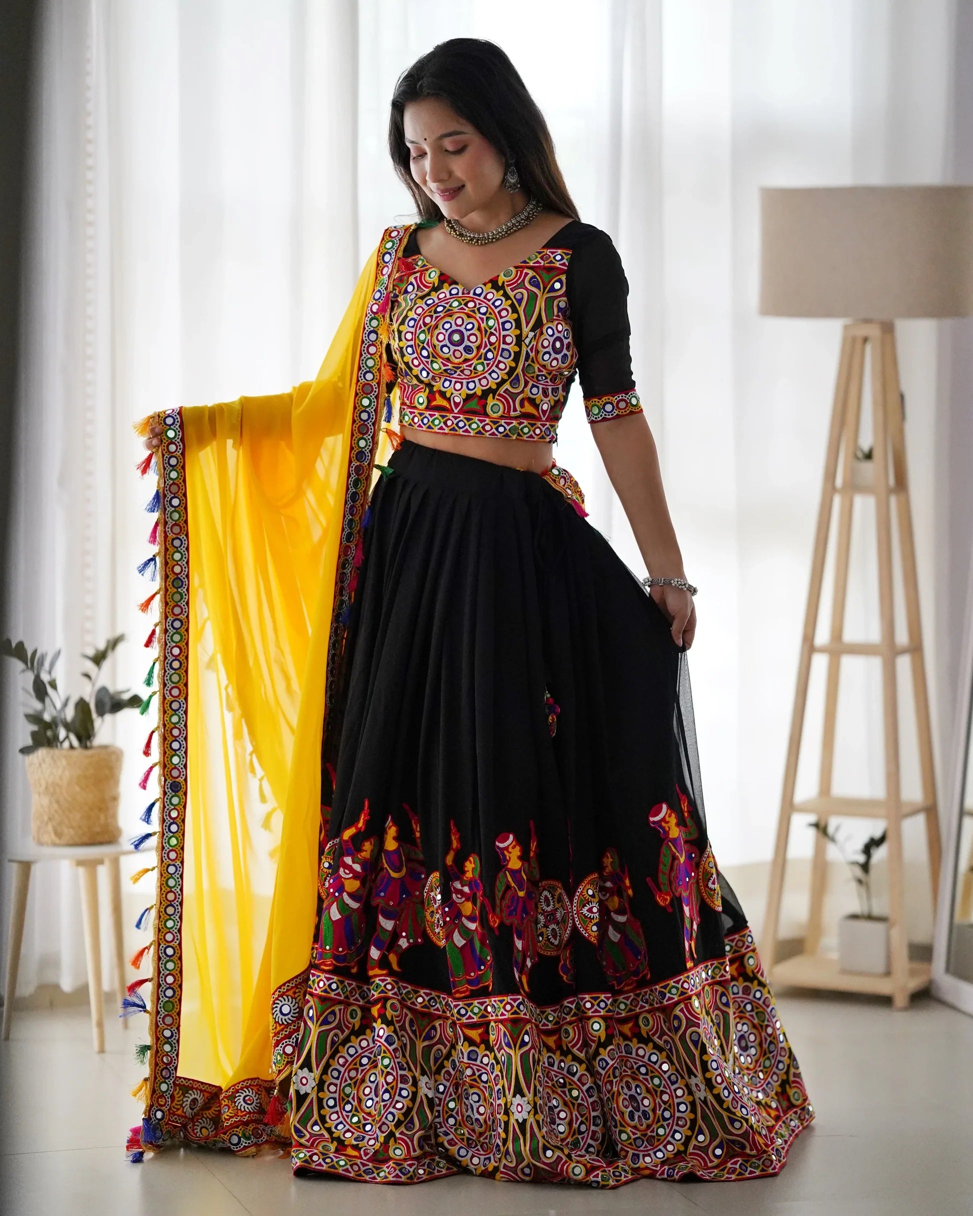 Black navratri chaniya choli gamthi work full view with yellow dupatta – Kayara Label