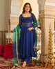 Blue georgette anarkali suit set front view with churidaar and gold neckline embellishment