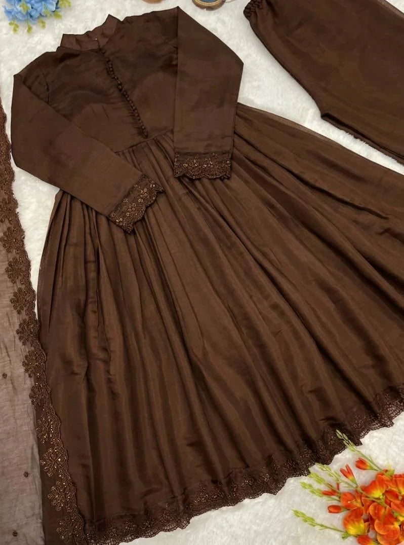 brown anarkali set with dupatta flat lay front embroidery details