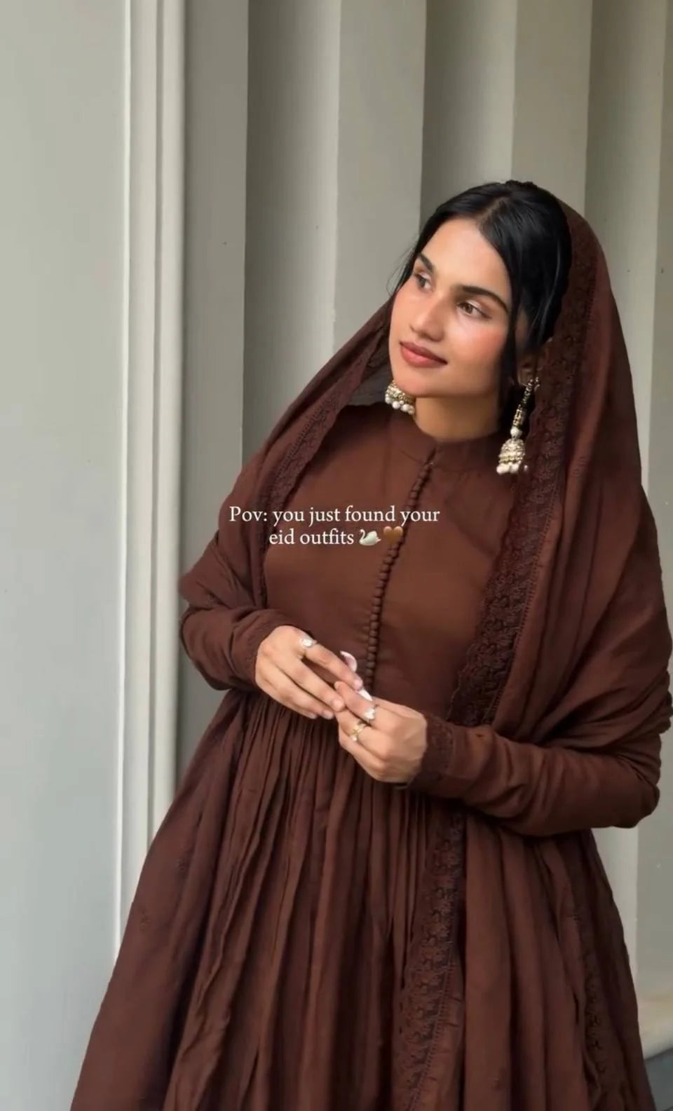 brown anarkali set with dupatta portrait model