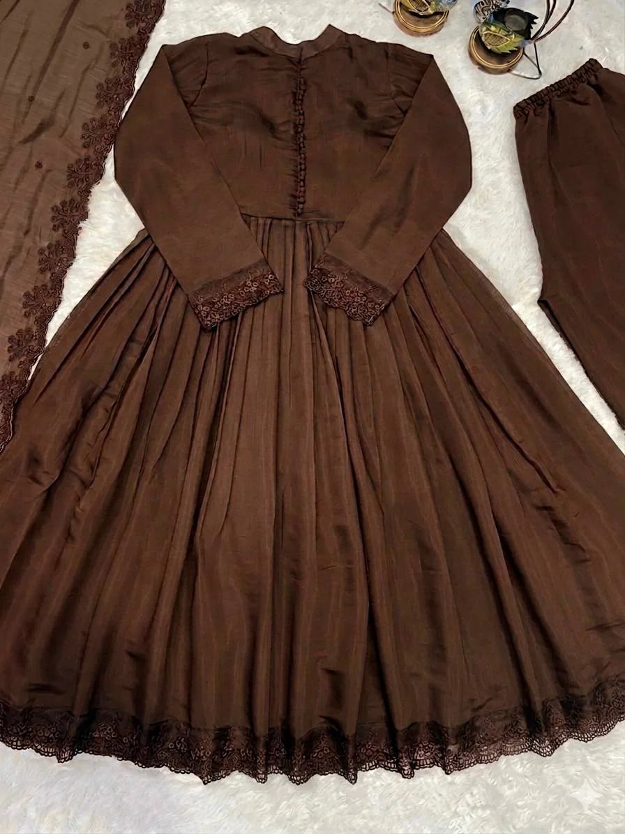 brown roman silk anarkali gown back view with matching pant