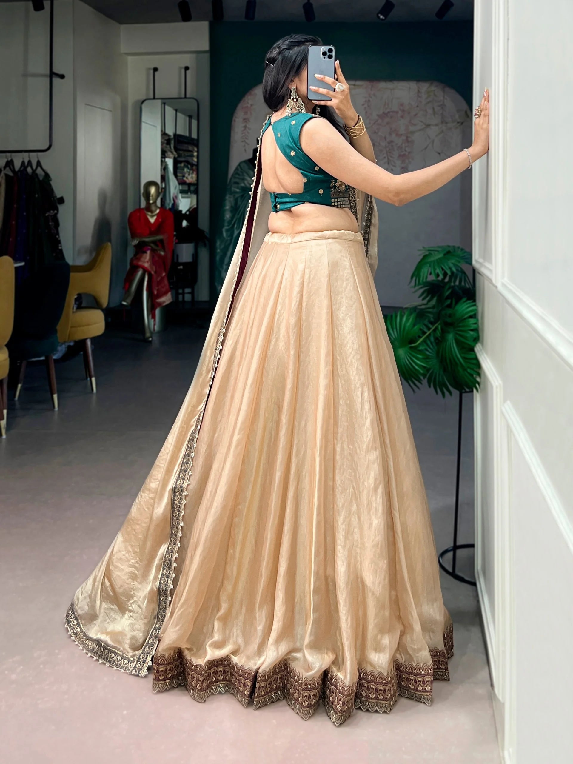 Champagne silk lehenga choli back view open teal blouse design