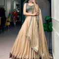 Champagne silk lehenga choli full length floor-sweeping flair Chicorawear